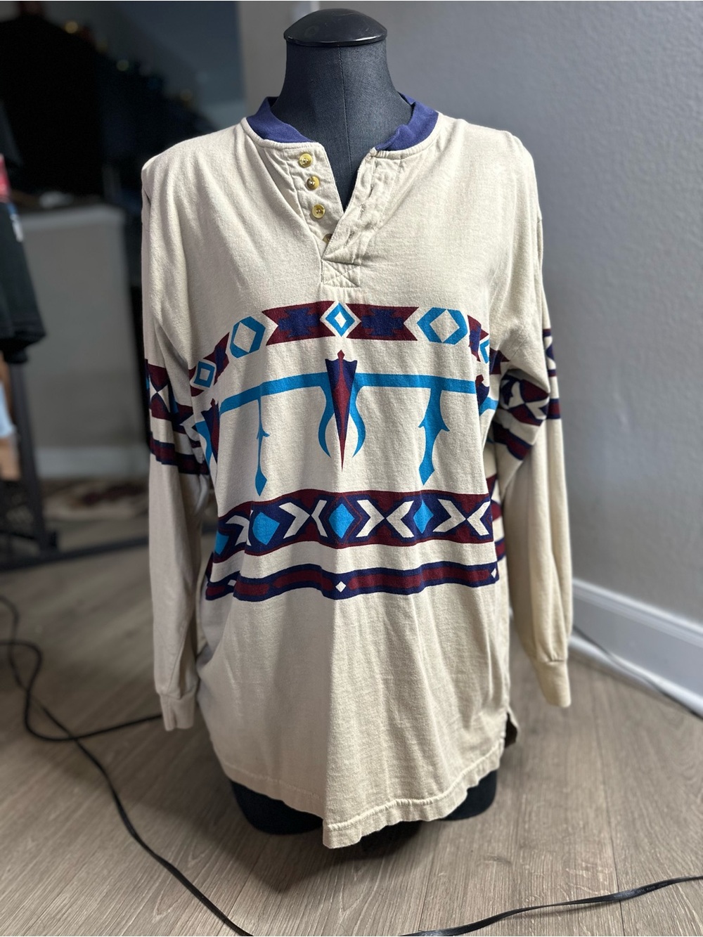Cream Boho Aztec Long Sleeve Henley with Blue & Burgundy Print